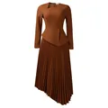 Detail of asymmetrical pleated hem and irregular neckline on elegant brown dress - S / Dresses / Brown