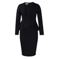 Detailed view of an elegant black long-sleeve dress featuring a flattering peplum waist. - S / Dresses / Black