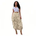 Vista detallada de falda larga cargo caqui con volantes para mujer - S / Bottoms / Caqui
