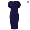 Elegante abito attillato blu scuro con scollo rotondo, maniche corte e spilla di strass - Taglia S / Abito (Con Spilla) / Blu scuro