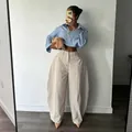 Loose silhouette beige wide-leg commute trousers for women in a stylish outfit view - S / Bottoms / Khaki