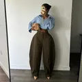 Chic women's oversized wide-leg brown trousers with high waist and structured fit - Brown
