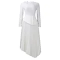 Elegant white long sleeve pleated midi dress with asymmetrical neckline and waist peplum - S / Dresses / White