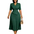 Detail view of an elegant dark green dress featuring a blazer collar and pleated skirt design - S / Dresses / Dark Green