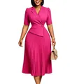 Detailed view of the elegant magenta pleated blazer dress with a stylish waist belt. - S / Dresses / Rose Red