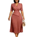 Elegant dusty rose pleated blazer dress with short sleeves and waist buckle detail. - S / Dresses / Deep Pink