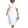 Detailed view of an elegant white blazer collar pleated midi dress with short puff sleeves - S / Dresses / White