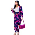 Detail look at women's sexy vibrant feather print long cardigan and matching pants set - Purple Feather