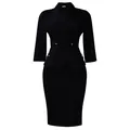 Elegante abito tubino nero con ampio rever, maniche a 3/4 e dettaglio peplo in vita - Taglia S / Vestiti / Nero