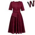 Elegant burgundy lace spliced high-waist faux two-piece dress featuring matching belt - S / Dresses / With Belt / Burgundy