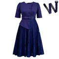 Elegant navy blue fake two-piece dress with lace splicing detail and high waist design - S / Dresses / With Belt / Dark Blue