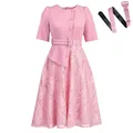 Elegant pink dress with lace patchwork skirt and matching belt, high-waisted design. - S / Dresses / With Belt / Pink