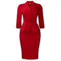Elegante abito a tubino rosso vintage con ampio bavero, maniche a 3/4 e vita a peplo - Taglia S / Vestiti / Rosso