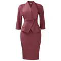 Elegante abito bordeaux a peplo con grande colletto a revers e maniche a 3/4 ufficio - Taglia S / Vestiti / Marrone castano