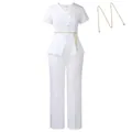 Elegant white two-piece women's set with short sleeve top, pants, and gold chain belt - S / Top And Bottom (D618) / White