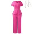 Hot pink two-piece set featuring peplum top with daisy buttons and pants - S / Top And Bottom (D618) / Rose Red
