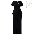 Elegant black two-piece outfit featuring daisy buttons and a stylish gold chain belt - S / Top And Bottom (D618) / Black