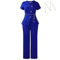 Women's royal blue two-piece pant suit with short sleeves and gold chain belt - S / Top And Bottom (D618) / Dark Blue
