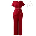 Elegant red two-piece pant suit for women featuring floral buttons and a gold chain belt - Burgundy