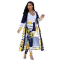 Women's sexy navy and yellow floral print long sleeve cardigan and leggings two-piece set - S / Top And Bottom / Yellow