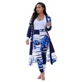 Stylish navy blue and white floral print long cardigan and leggings two-piece set - S / Top And Bottom / Blue