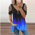 Detail of women's V-neck zipper T-shirt with blue gradient and cold-shoulder cutouts. - S / Tops / Blue