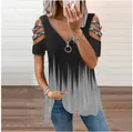 Detail of V-neck zipper top with gradient print and rhinestone cold shoulder straps. - S / Tops / Gray