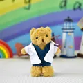 Detail of a cute teddy bear plush toy wearing white doctor coat and blue scrubs - Height 13cm (Excl. Rope) / Doctor Brown Bear (Bead Chain)