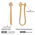Gold stainless steel cubic zirconia flower stud earrings with dangling box chain - Four-Leaf Flower Box Chain Dangle Style(JDE0201328) / 3.27x0.62cm / Gold