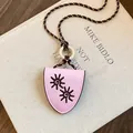 Vintage pink leather eyeglass holder necklace with brown rope cord and sun print - Pink Sun Embroidery Shield Style / Pink