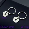 Stainless steel hoop earrings with engraved letter A round tag pendant in silver finish - Initial A Disc Style (KE96654-Z) / Silver