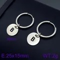 Minimalist stainless steel silver hoop earrings featuring letter B charm design. - Initial B Disc Style (KE96655-Z) / Silver