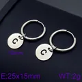 Minimalist silver stainless steel hoop earrings with letter C round charm pendant - Initial C Disc Style (KE96656-Z) / Silver