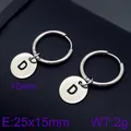 Minimalist stainless steel hoop earrings with circular initial D charm in silver - Initial D Disc Style (KE96657-Z) / Silver