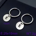 Minimalist silver stainless steel hoop earrings with letter E circular pendant tag - Initial E Disc Style (KE96658-Z) / Silver