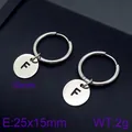 Minimalist stainless steel hoop earrings with letter F circular charm, silver finish - Initial F Disc Style (KE96659-Z) / Silver