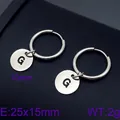 Stainless steel hoop earrings with silver round pendant featuring letter G charm - Initial G Disc Style (KE96660-Z) / Silver
