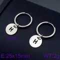 Sleek silver stainless steel hoop earrings featuring a personalized round letter H pendant - Initial H Disc Style (KE96661-Z) / Silver