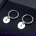 Minimalist silver stainless steel hoop earrings with round letter disc pendant for women - Initial I Disc Style (KE96662-Z) / Silver