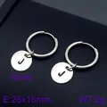 Sleek silver stainless steel hoop earrings featuring a minimalist round 'J' initial charm - Initial J Disc Style (KE96663-Z) / Silver