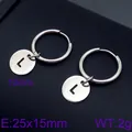 Minimalist stainless steel hoop earrings with silver letter L round disc pendant - Initial L Disc Style (KE96665-Z) / Silver
