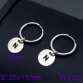 Minimalist silver stainless steel hoop earrings with hanging round letter N pendant - Initial N Disc Style (KE96666-Z) / Silver