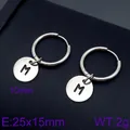 Minimalist stainless steel hoop earrings with engraved letter M round pendant charm - Initial M Disc Style (KE96667-Z) / Silver