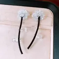 Detailed view of handmade crystal cluster earrings with black leather cords and clear beads - Unique Tassel Floral Style (HE35672) / Silver Needle-White-Coffee
