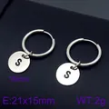 Minimalist silver stainless steel hoop earrings with round letter S initial pendant - Initial S Disc Style (KE96672-Z) / Silver