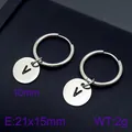 Polished stainless steel hoop earrings with letter V pendant charms - Initial V Disc Style (KE96675-Z) / Silver