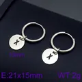 Minimalist silver stainless steel hoop earrings with round letter X charm pendant - Initial X Disc Style (KE96677-Z) / Silver