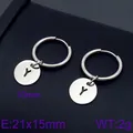 Minimalist stainless steel hoop earrings with engraved letter Y round charm, silver - Initial Y Disc Style (KE96678-Z) / Silver
