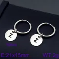 Stainless steel hoop earrings with letter Z round pendant, silver finish minimalist style. - Initial Z Disc Style (KE96679-Z) / Silver