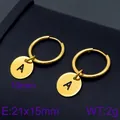 Minimalist gold stainless steel hoop earrings featuring engraved letter A charms - Initial A Disc Style (KE96680-Z) / Gold